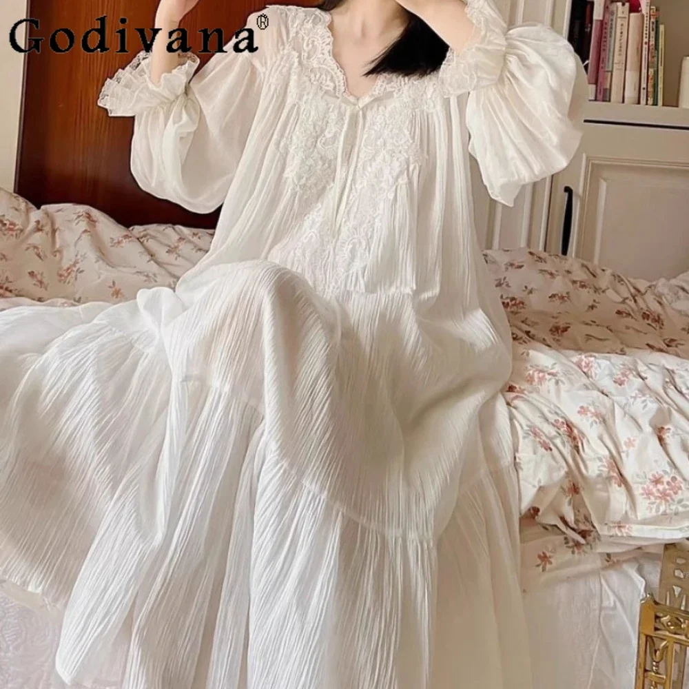 

Fall Long Skirt Sweet Princess Sleepshirts Homewear Loose Court Style Long Pajamas Cotton Bride Elegant Nightgowns Robe