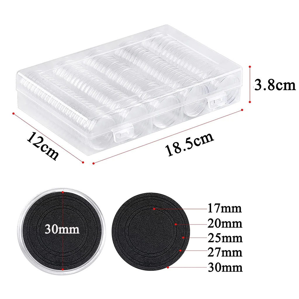 100PCS Coin Capsules 30mm Case with Black Foam Gaskets 17mm/20mm/25mm/27mm/30mm Coin Collection Holder Organizer Box