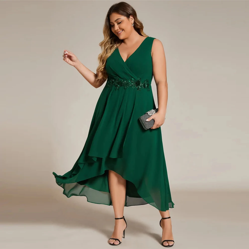 BAZIIINGAAA Party Dress Plus Chiffon Appliques V Neck Tea Length Sleeveless Wholesale Wedding Guest Dress Evening Dress