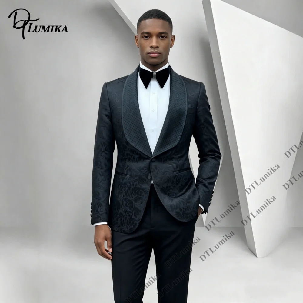 Paisley Formal Tuxedo for Wedding Prom Party Men's 2 Piece Jacquard Suit Pants Shael Lapel One Button Slim Fit Suit Banquet Suit
