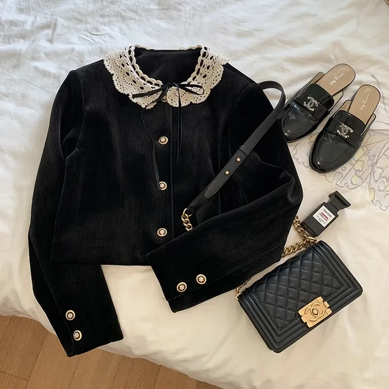 Autumn Winter New Fashionable Doll Neck Fragrant Velvet Black Women\'s Short Tops