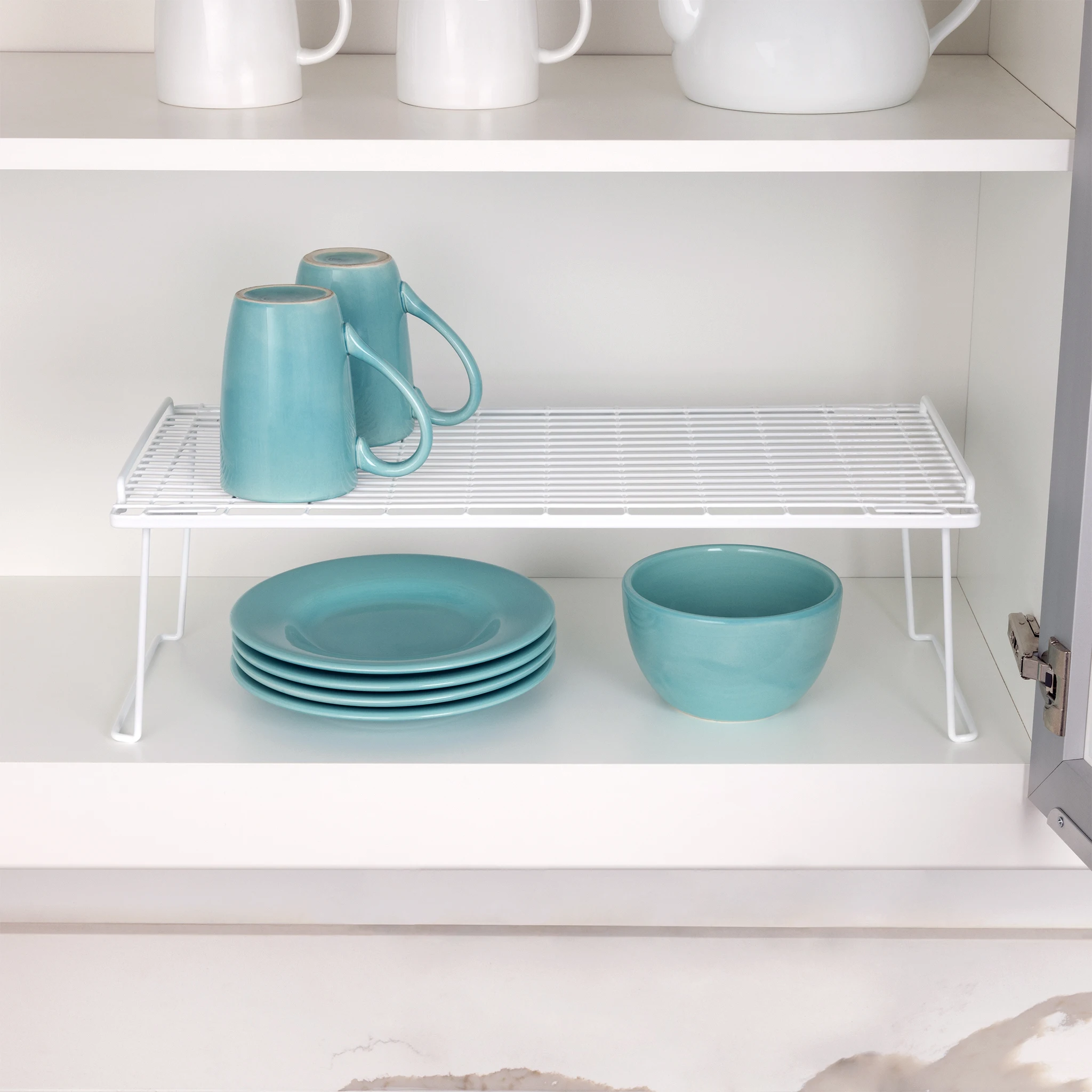 

Metal Wire Stacking Shelf Organizer for Kitchen Cabinet and Pantry Storage, 22' x 10' x 7', White