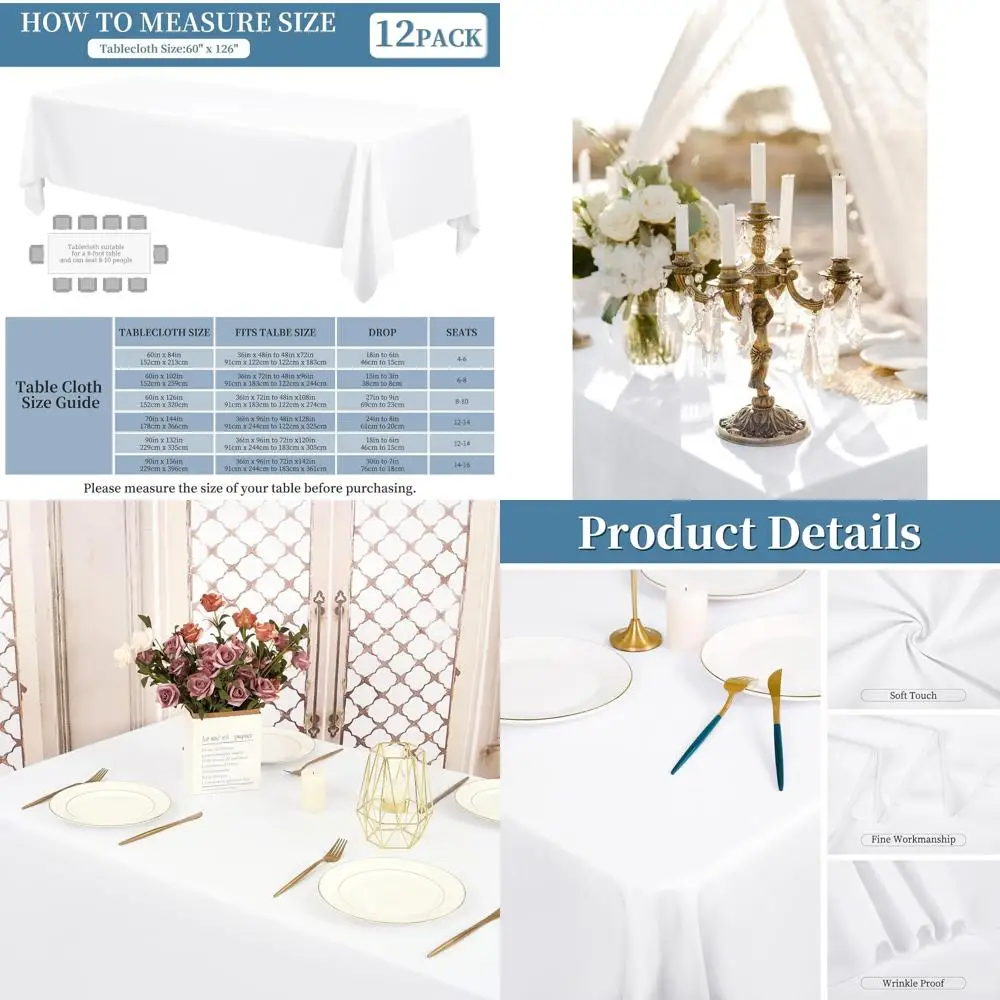 

60x126 Inch White Polyester Tablecloths, Stain & Wrinkle Resistant, Ideal for 8FT Tables, Dining, Buffet, Weddings