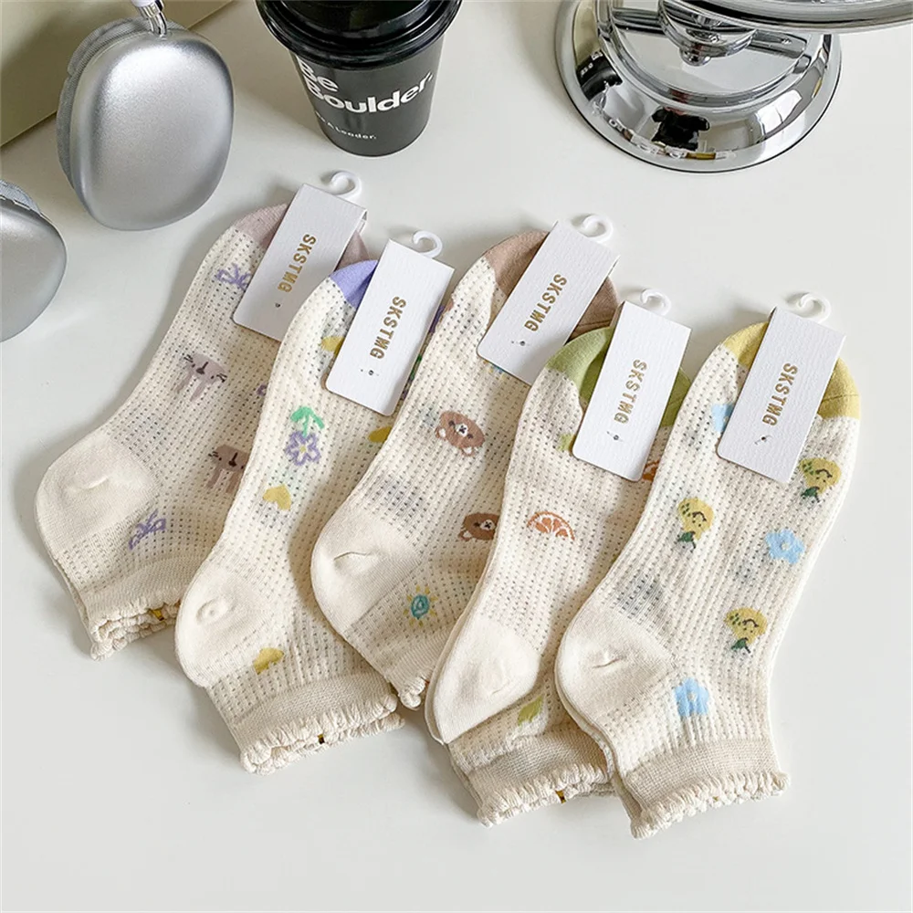 Chaussettes Ultra-Fines en Maille avec Impression d'Ours de Dessin Animé pour Femme, Bas, Bouche Peu Profonde, Été, Mince, Respirant, Bateau Invisible, 1 Paire