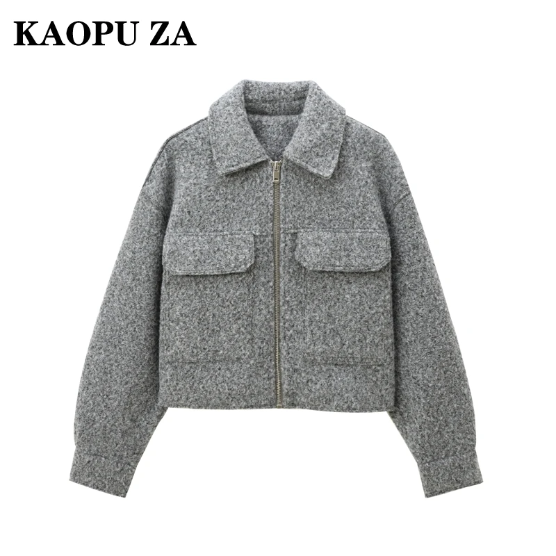 KAOPU ZA 2024 New Autumn Woman's Casual Turn-down Collar Long Sleeve Coat Jacket Female Vintage Pockets Solid Color zipper Top