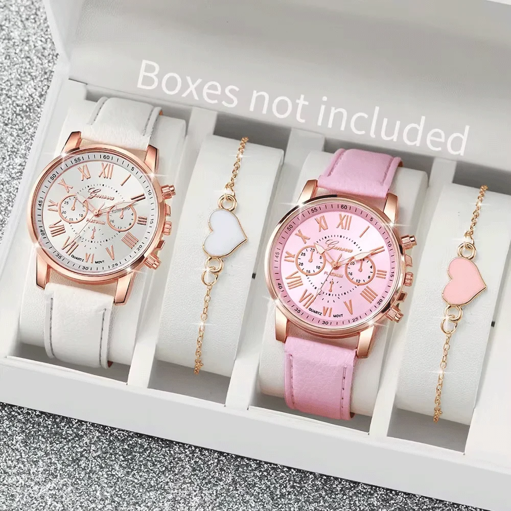 4PCS Fashion Women Watches Simple Roma Dial Quartz Watch Ladies Leather Band Wristwatches Heart Bracelets Set