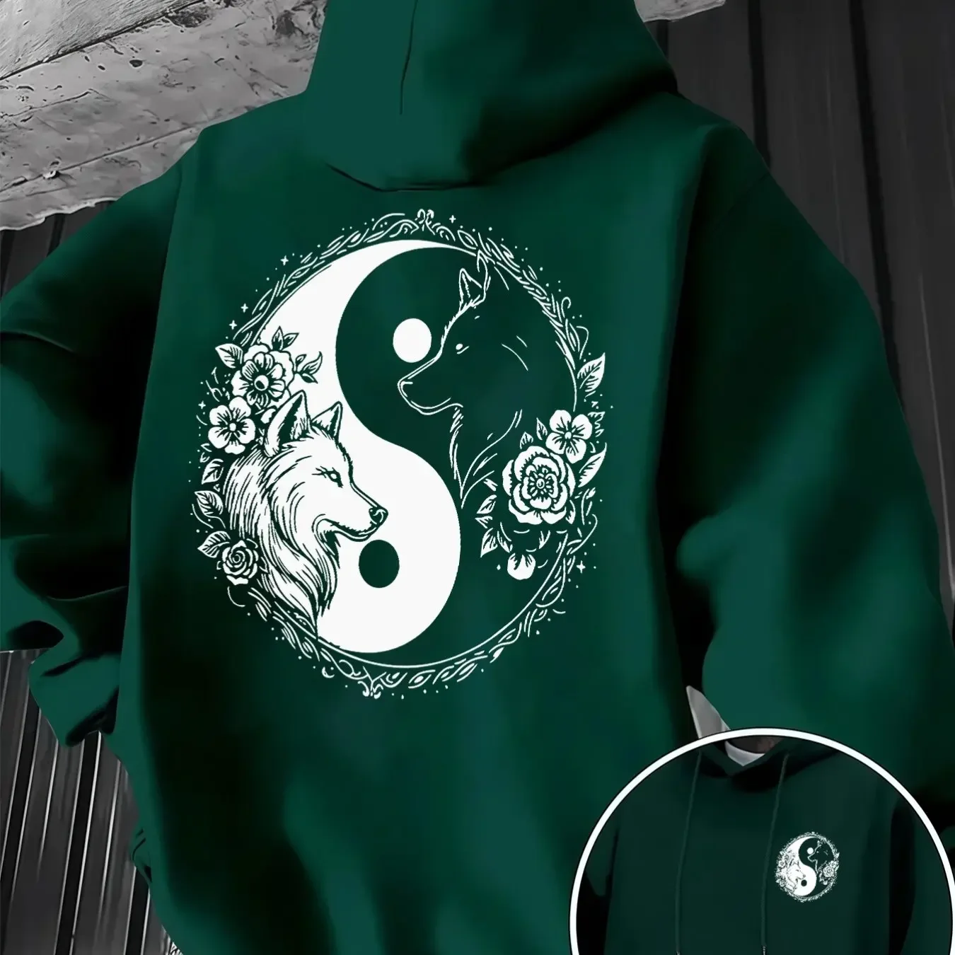Men's Wolf Hoodie Yin Yang Twin Wolf Graphic Floral Print Back Chest Design Oversized Sweatshirt Oriental Streetwear