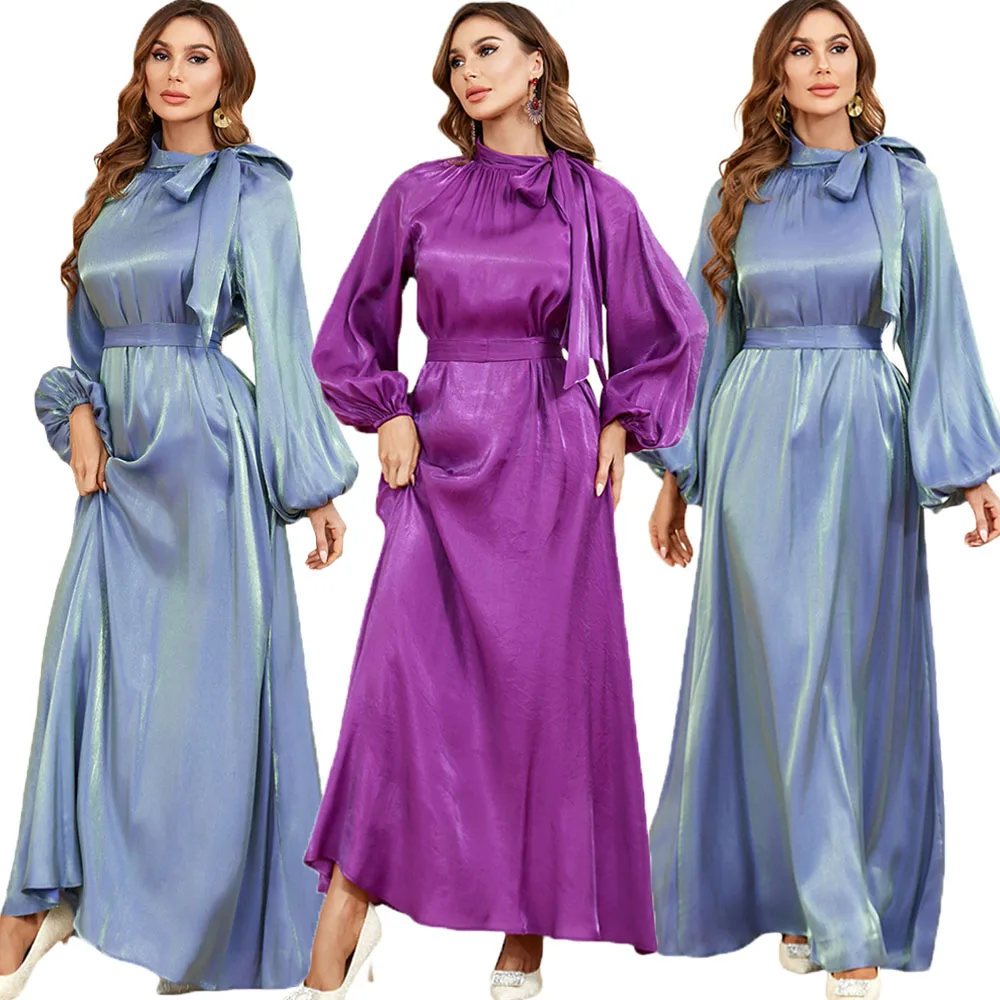 

Modest Muslim Moroccan Jalabiya Dubai Arab Oman Maxi Dress for Women Brief Solid Bow Stand Collar Lantern Sleeve Robe Party