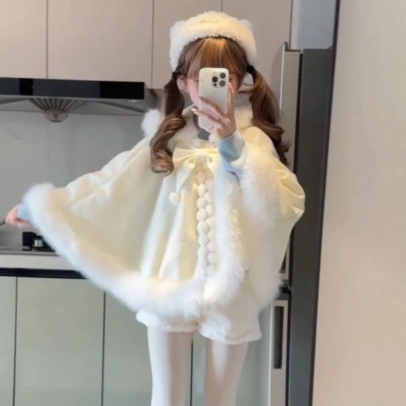 2026 اليابانية لوليتا نمط الصوف مقنعين عباءة جاكيتات النساء Y2k الجمالية أفخم المرقعة معطف Harajuku الحلو القوس سترة فضفاضة