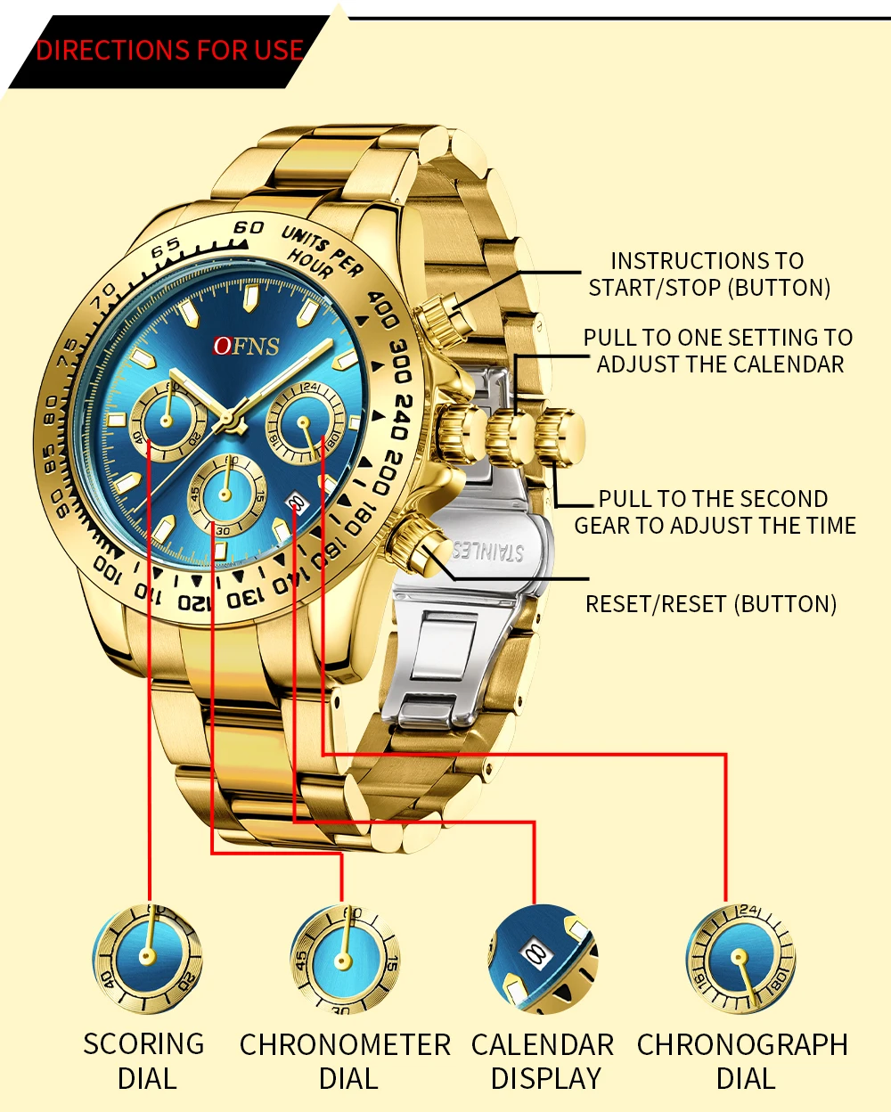 OFNS ماركة 1525 ساعة كوارتز رجالية عصرية وغير رسمية التقويم سوار فولاذي ستة إبرة الطلب الكبير ساعات رجالية 2026