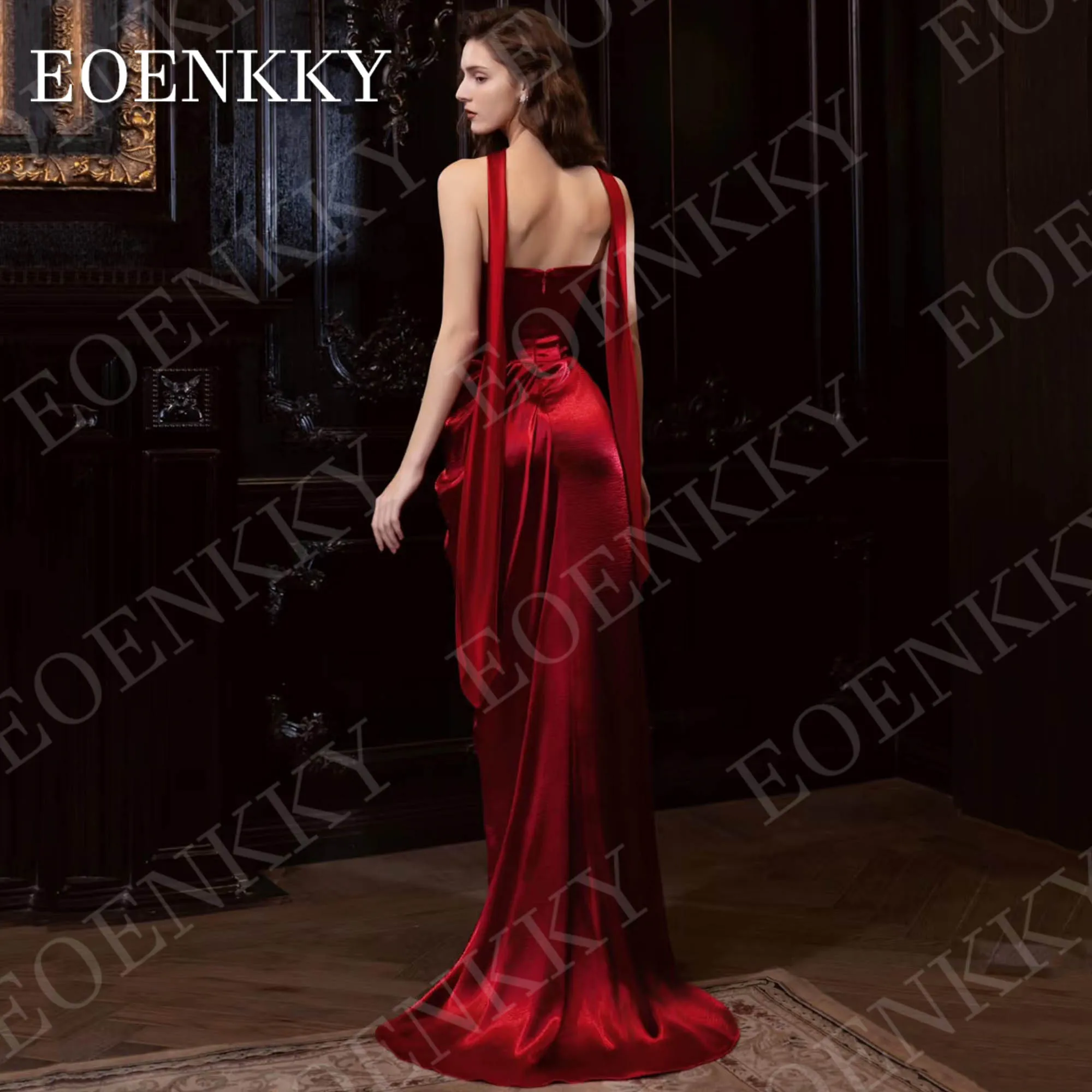 EOENKKY 女性ブルゴーニュマーメイドイブニングドレスフォーマルエレガントなサテンロングストラップレスウエディングドレスノースリーブカスタマイズ カスタマイズされた女性ブルゴンディの人Mermaidの夕方のドレス形式的なエレガントなサテンの長いストラップレスの舞会のドレス袖レス