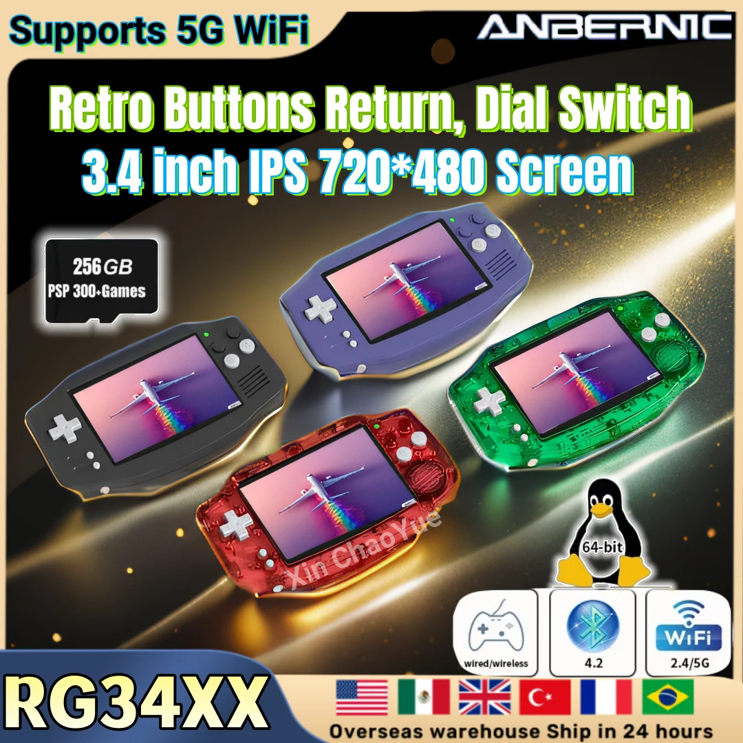 ANBERNIC RG 34XX Handheld Game Console 3.4” IPS 720*480 Screen Linux 64-bit Bluetooth RG34XX Retro Video Gaming Players 256G PSP