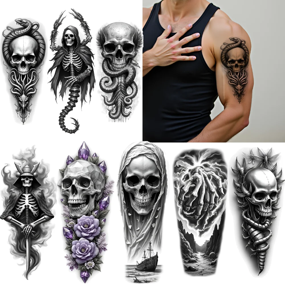 

3pcs Temporary Tattoo Skull With Flowers Waterproof Long-lasting Body Stickers Skeleton Scorpion Samurai Skeleton For Adults