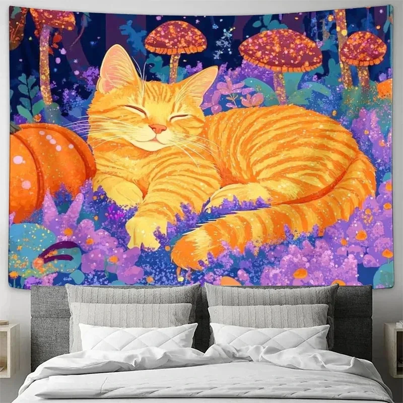 VIKAMA Orange Cat Tapestry Sleeping Tabby Cat in Magical Mushroom Forest Wall Hanging Decor for Bedroom Living Room