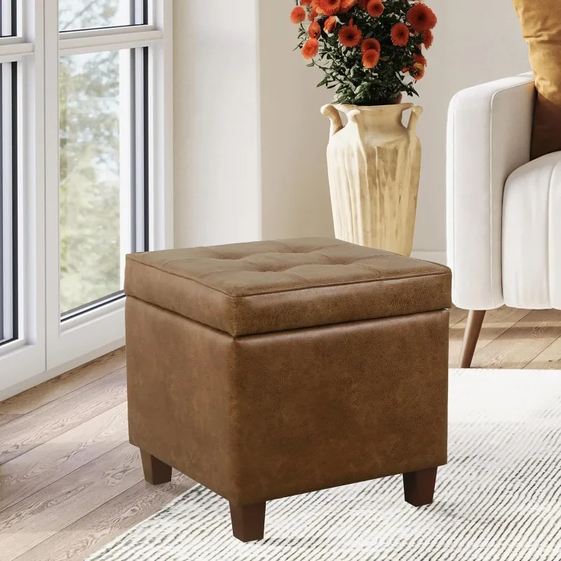 

Square Tufted Storage Ottoman Distressed Brown Faux Leather Small