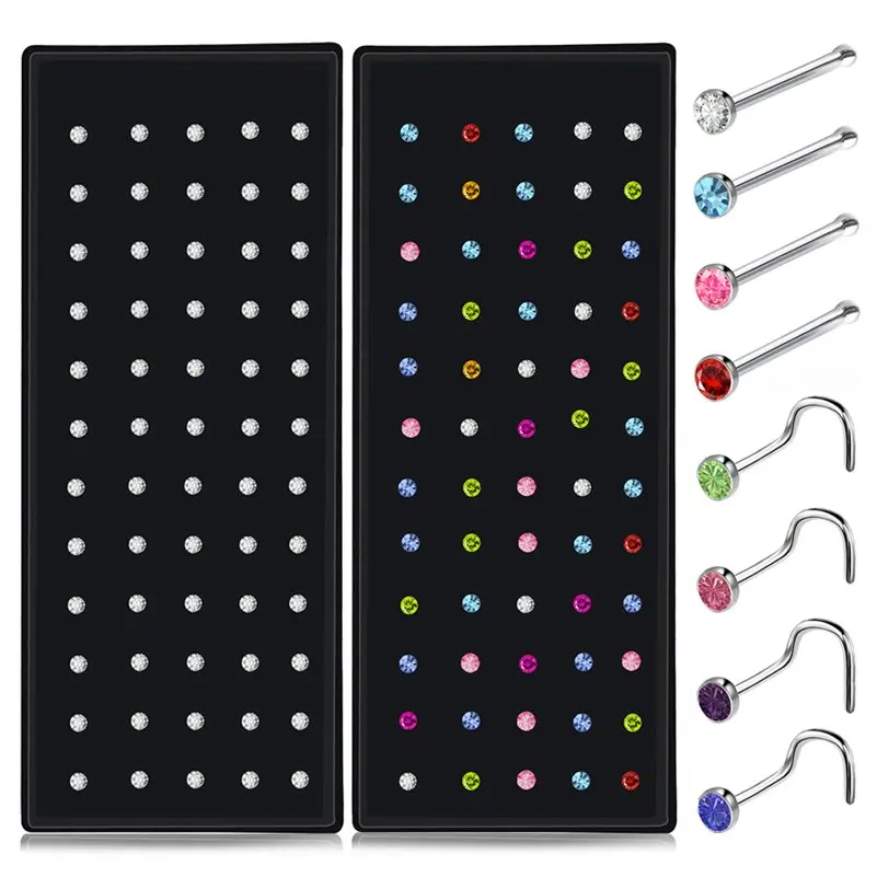

40/60 шт., набор колец в носу с кристаллами из нержавеющей стали, женский набор для пирсинга носа из хирургической стали, иглы для ушей, шпильки, украшения для тела