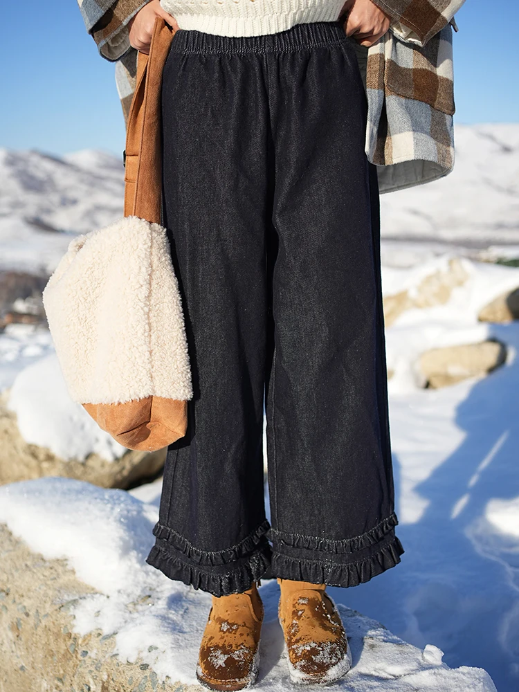 

Fce Lined French Bread Denim Jeans Double Layer Faux Cargo 9 Point Straight Leg Inner Brued Warm Han Ma Cotton Pants