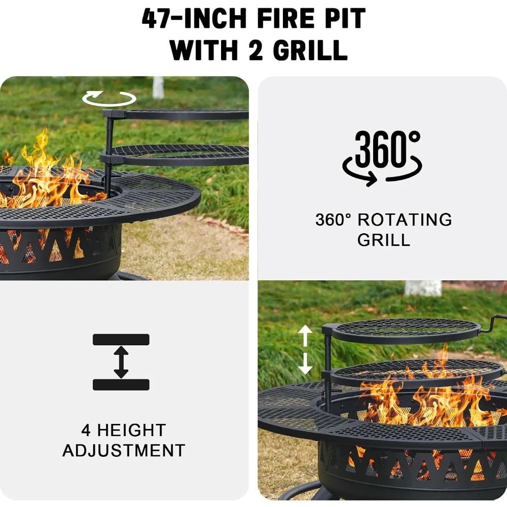 47 Inch Outdoor Fire Pit with 2 Grills, Wood Burning Large Fireplace Table for Patio