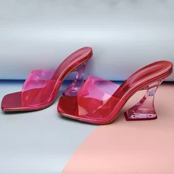 2022 Transparent PVC Women's Slippers Fashion Square toe Cup heeled Summer Female Mules Slides crystal High heels Sandals Shoes