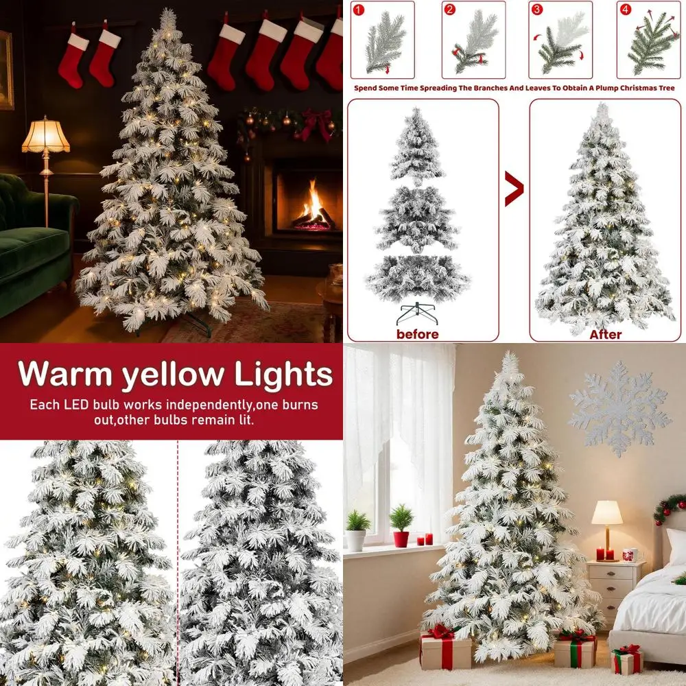 

Реалистичная флокированная рождественская елка длиной 6 футов с 270 светодиодными фонарями, навесными ветвями, металлической подставкой для внутреннего праздничного декора