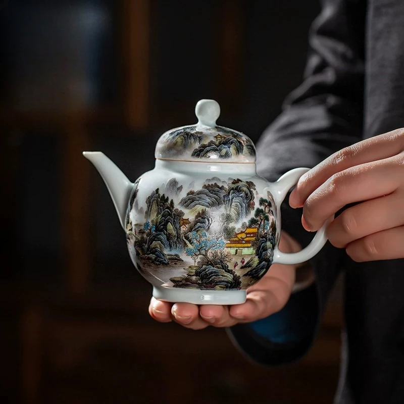 Ceramic teapot, handmade high-end enamel color hand-painted landscape Qiushan Leju picture bubble teapot