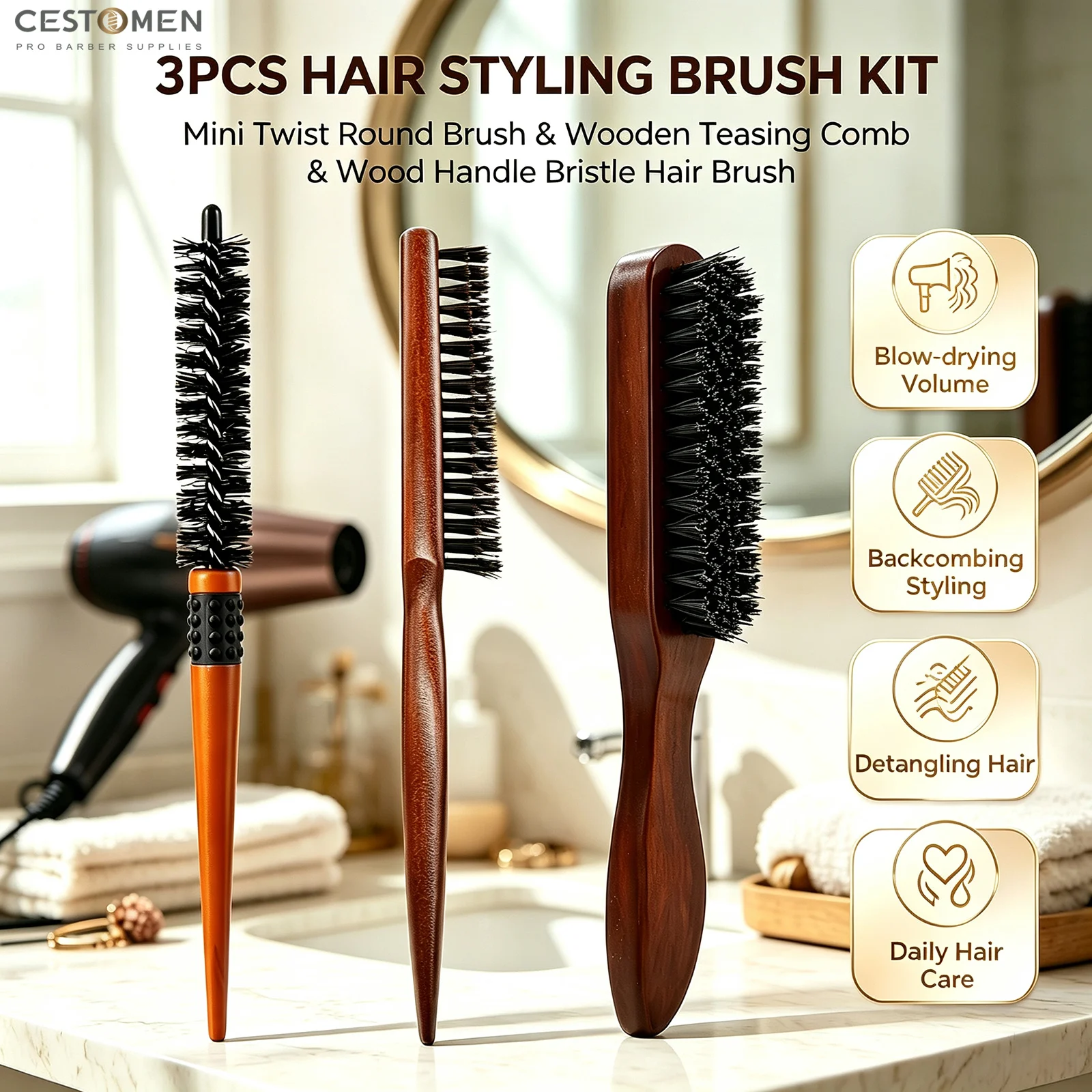 3PC Pro Hairdressing Brush Set Wooden Fluffy Teasing Comb Bristle Detangling Brush Mini Twist Round Brush For Curly Hair Styling