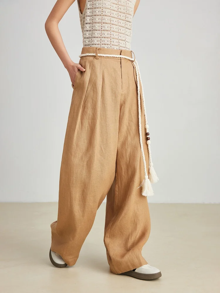 

Casual Linen Wide Leg Pants Women's Loose Slimming Versatile Long Trousers Commute Sle High Waist Straight Leg Zipper