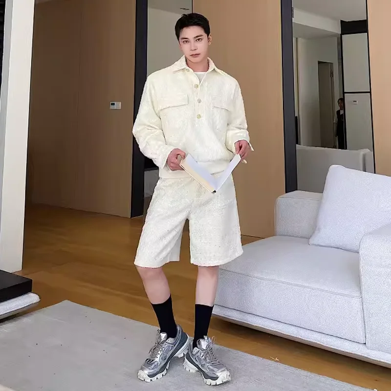 LUZHEN 2026 New High Quality Sequin Patchwork Pockets Decorate Pullover Coat Men's Trendy Elegant Casual Straight Shorts JY6366