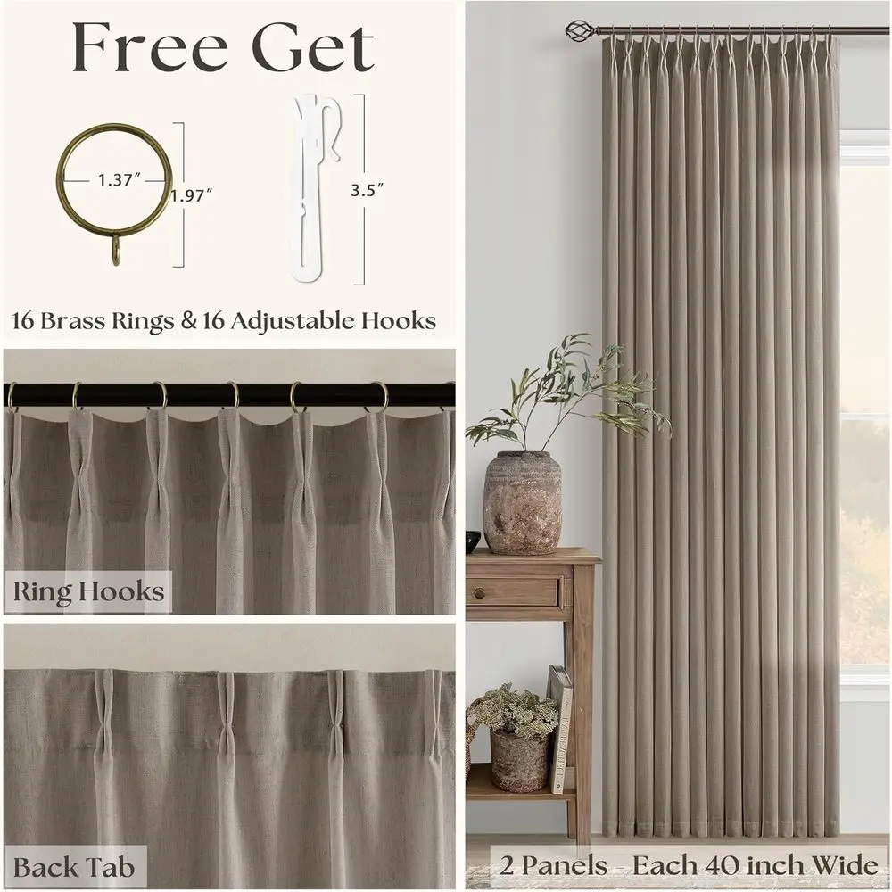 Pinch Pleat Taupe Leinenvorhänge 84, für Wohnräume, 2 neutrale Paneele, Lichtfilterung, halbtransparent, Bauernhaus-Stil