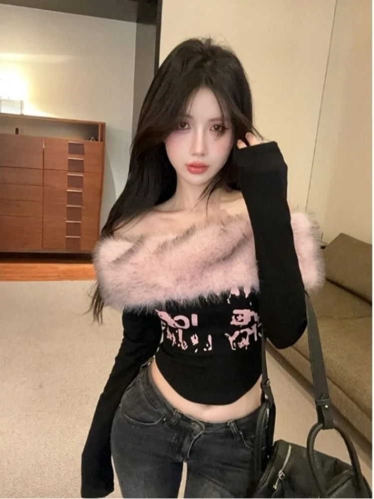 

American Off Shoulder Fur Collar Top for Women Autumn Winter Pink Long Sleeve T-shirts 2025 New Slim Fit Bottoming Tee Shirt