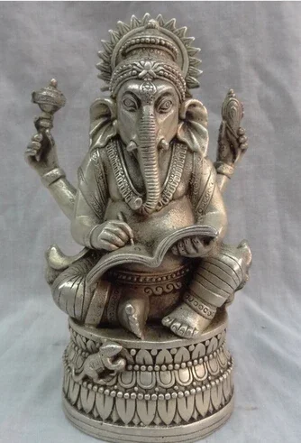 Tibet Silver 4 Arms Ganapati Ganesh Lord Ganesha Buddha Brass Coin Mouse Statue