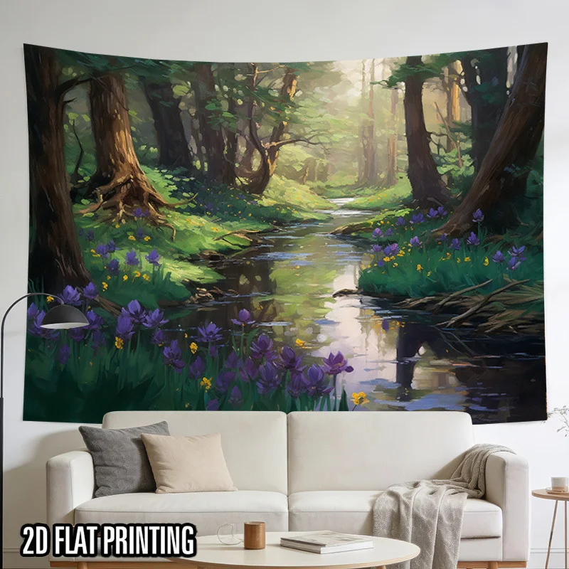 Bohemian Woodland Nature Forest Tapestry Wall Hanging Decor Large Stream Scene Artwork Greenery Art Print Boho Living Room Ornam