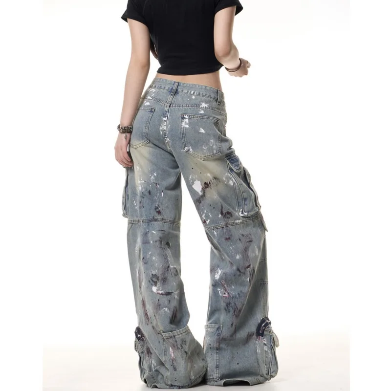 ANJY Herfst Winter Nieuwe Vrouwen Amerikaanse Mode Graffiti Multi-Pocket Wijde Pijpen Jeans Straat Gewassen Casual Cargo Denim broek A15075