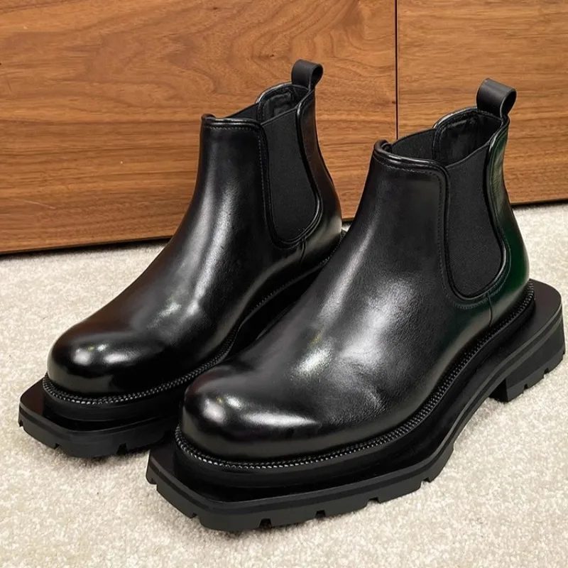 

Luxury Men Chelsea Boots Genuine Leather Thick Sole Outdoor Work Shoes Street Trend Youth Motorcycle Boots British Ankle Boots
