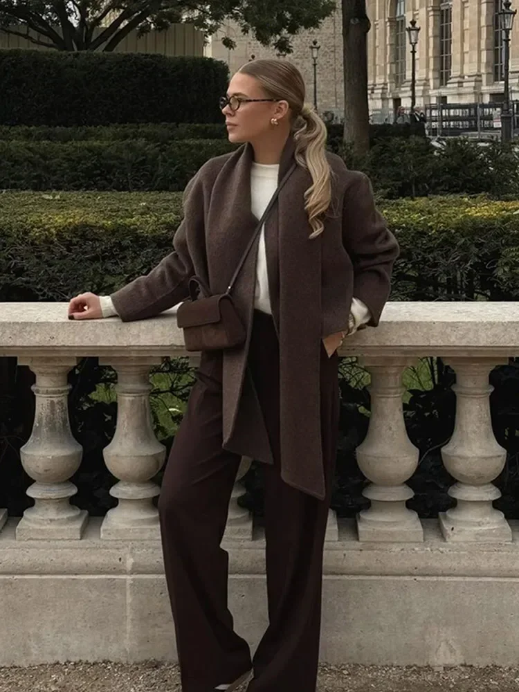 

Women Cropped Scarf Collar Brown Woolen Coat Casual Pocket full Sleeve Short Cardigan Jackets Lady Autumn Commuter Streetwears