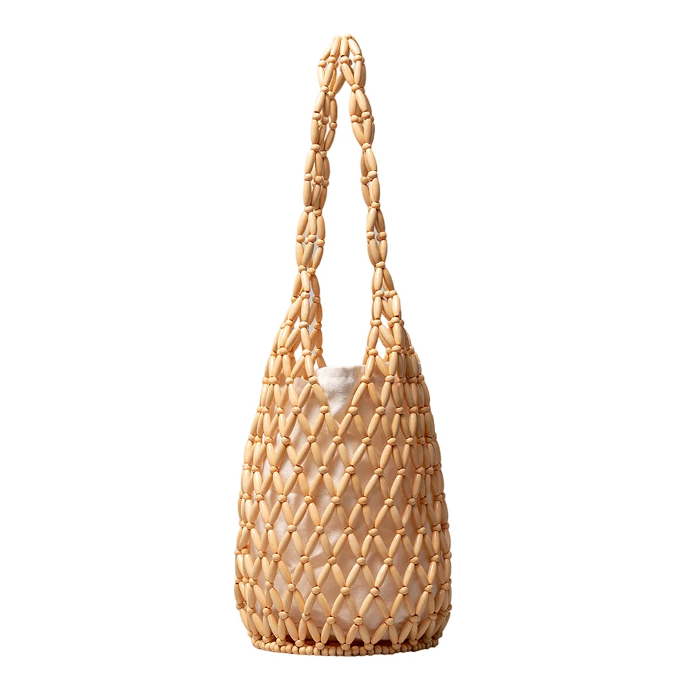 Wooden Bead Bucket Shoulder Bag for Holiday Travels Date Handmade Beaded Shoulder Bag Casual Beach Handbag for Women image 5