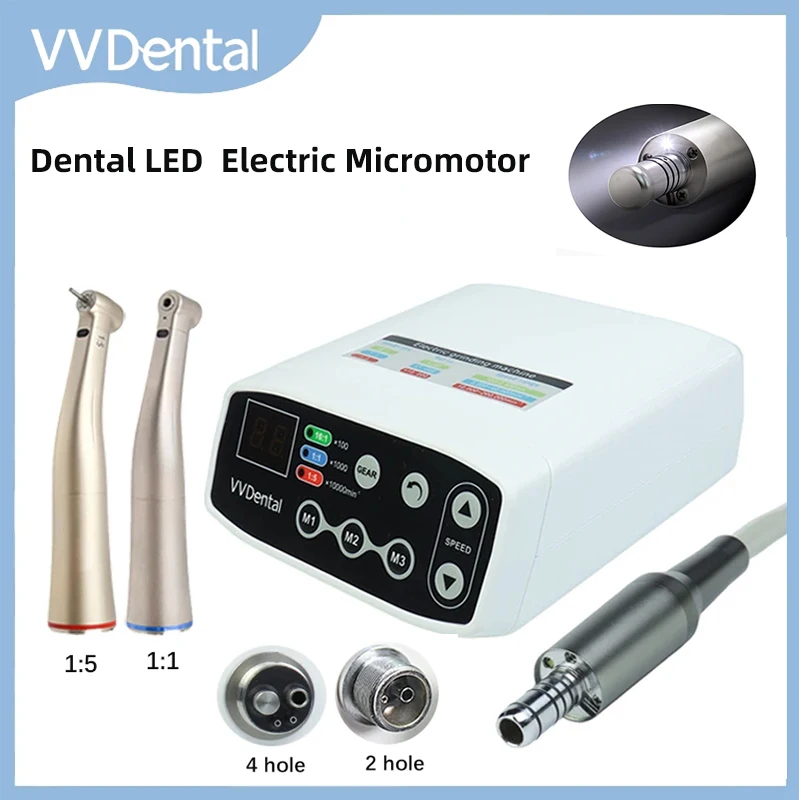 

VVDental Electric Brushless LED Micro Motor Internal Water Spray 1:5/1:1 Fiber Optic Contra Angle Handpiece Dental Machine