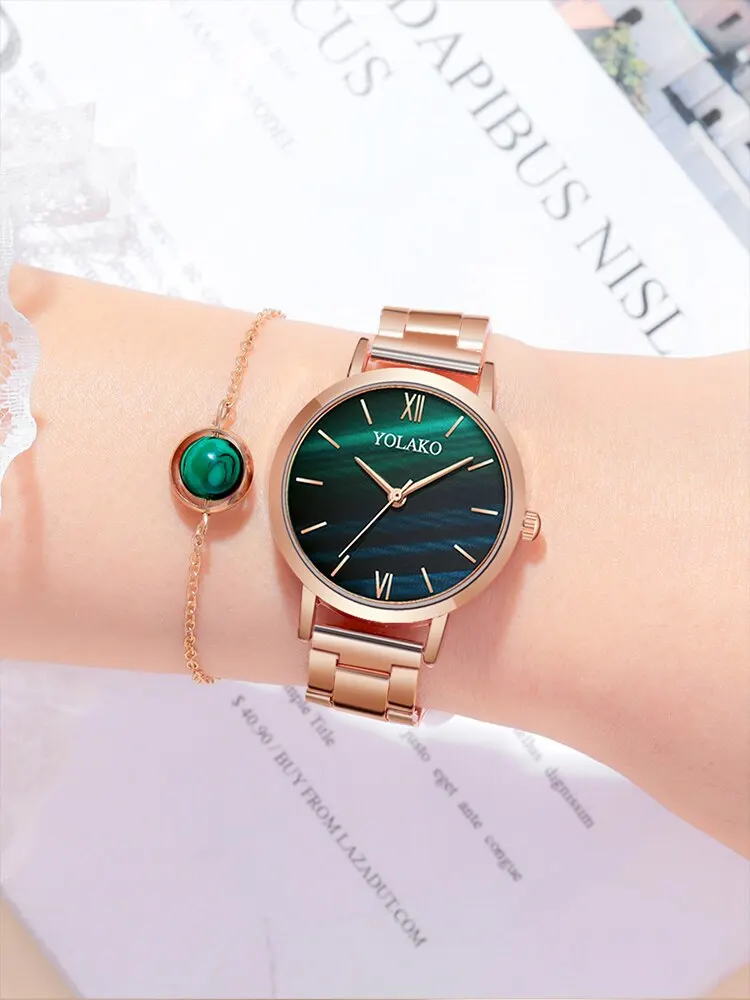 2PCs Women\'s Fashion Trend Retro Contrast Color Steel Band Quartz Watch+Bracelet Combination Set