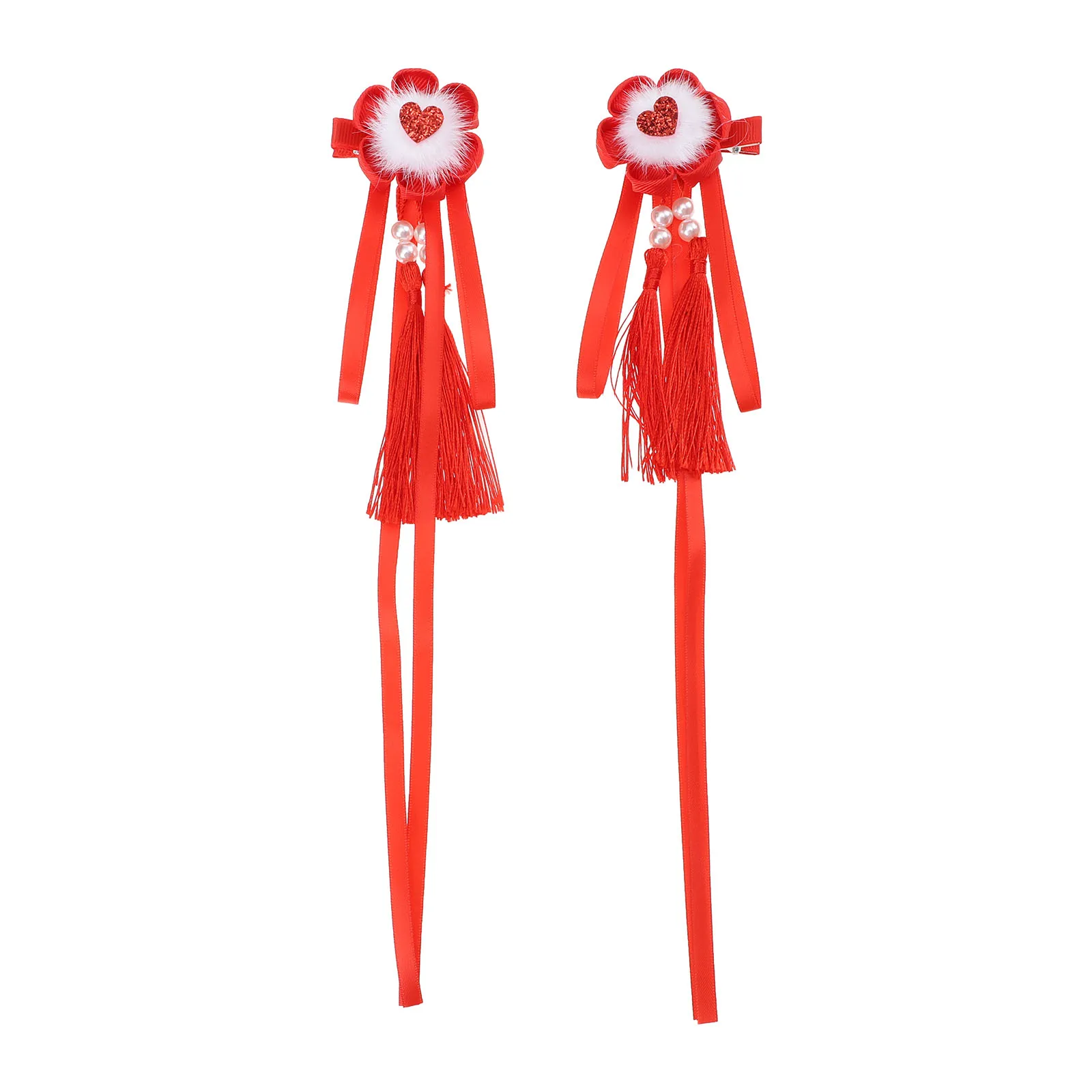 

1Pair Adorable Tassel Hair Clips Chinese New Year Gift for Girls Bright Red Festive Creative Headdress New Year Hairpins