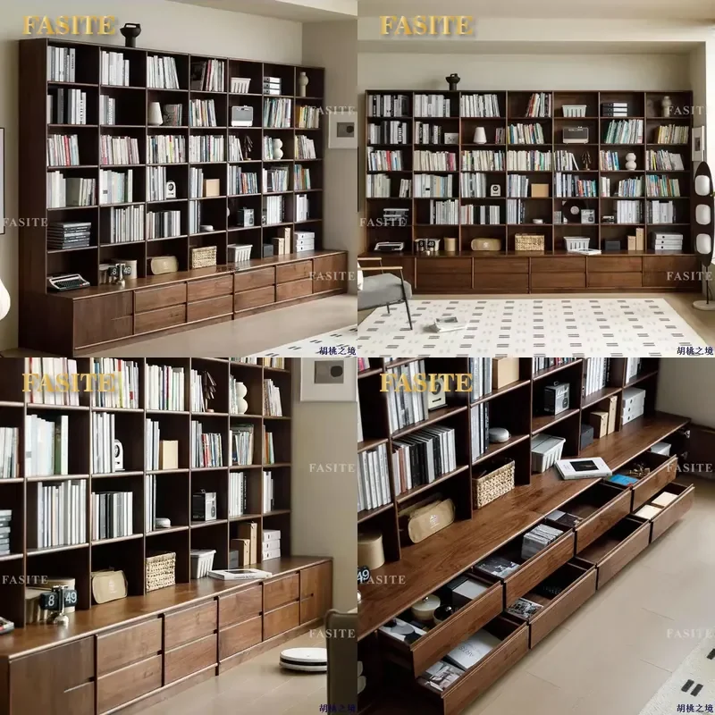 For Nordic Solid Wood Black Walnut Bookcase Full Wall Floor with Card Seat Bookshelf Combination Modern Simple Lattice Shelf