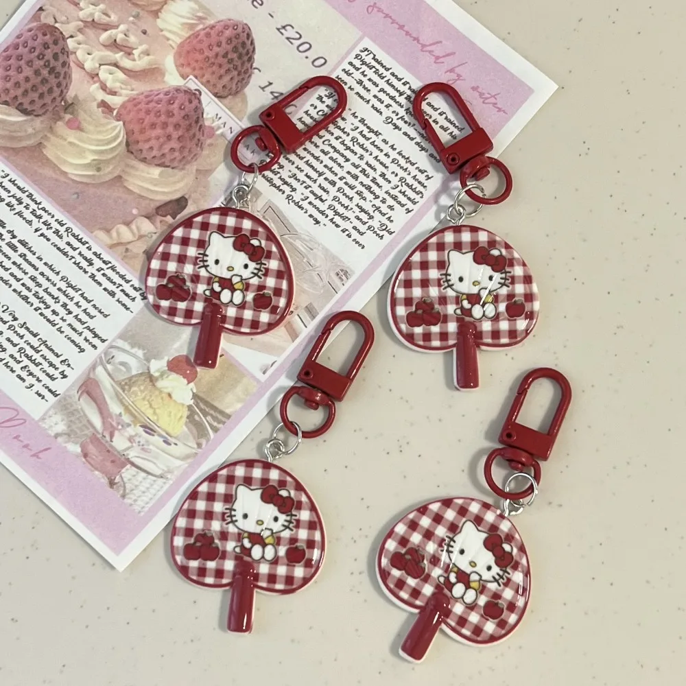 

Retro Red Checkered KT Cat Fan Keychain Ins Girl Heart Backpack Pendant Girlfriend Couple Gift Accessories Female
