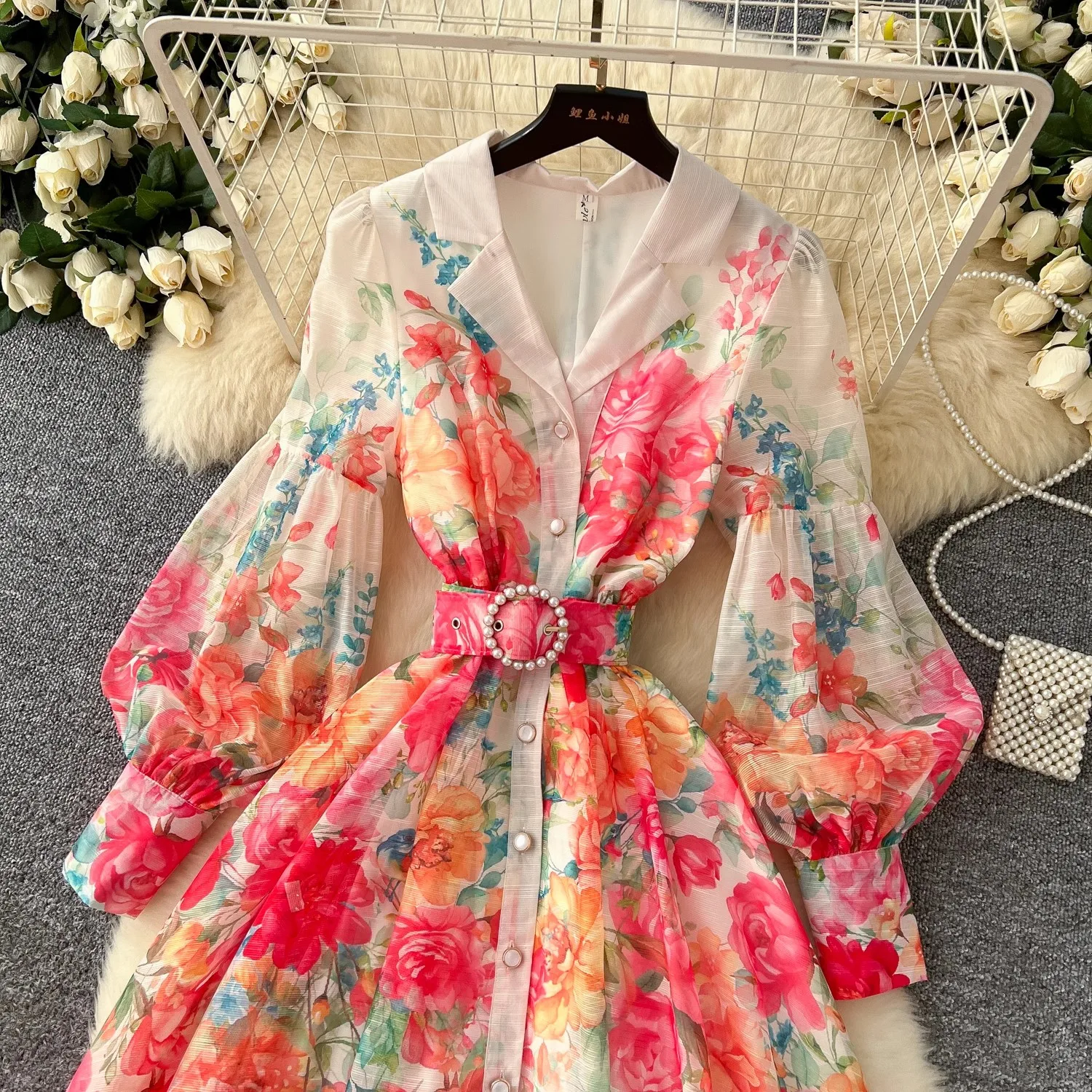 2025 primavera férias lindo flor maxi vestido feminino manga longa lanterna entalhado floral impressão pérola cinto uma linha robe vestidos