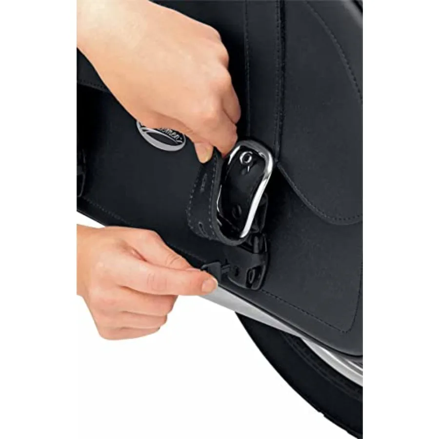 Highwayman tattoo saddlebag for motorcycle use, durable black/orange flame-colored synthetic leather with weather-resistant sti