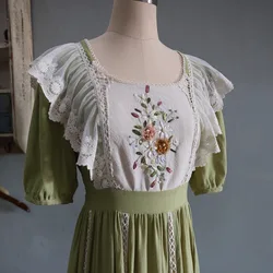 Spring Summer Original Design Women Vintage Recreation Cottogecore Hollow Out Embroidered  Cotton Green Dresses