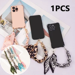 New Scarves Design Metal Phone Chain Flower Leaf Fruit Print Silk Phone Pendant Key Ring Bag Decoration For Iphone Android