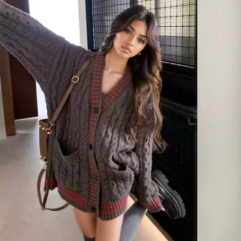 

V-neck Long Sleeve Women Loose Cardigan Sweater Fashion Autumn Winter Pockets Coats Elegant Knitted Tops Preppy Style Knitwear