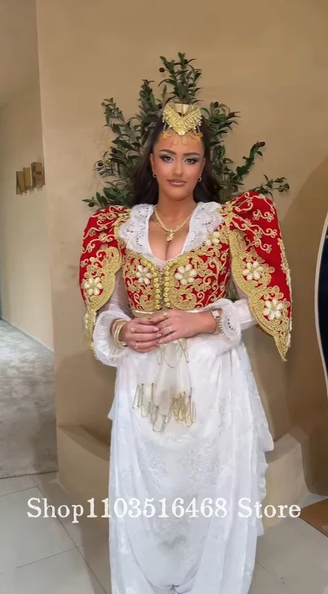 Vestido de Novia Tradicional Argelino Rojo, Vestido Étnico con Apliques Dorados, Vestido de Novia Musulmán Personalizado, Vestido de Fiesta de Boda, Vestido de Noche