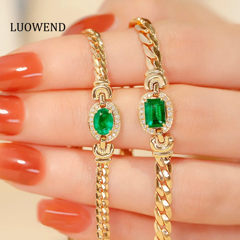 LUOWEND 100% 18K Yellow Gold Necklace Cuban Chain Luxury Elegant Style Natural Diamond&Emerald Necklace for Women Senior Banquet