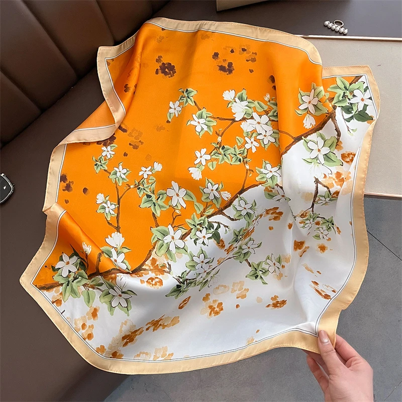 Spring Summer Silk Scarf 70x70cm Lightweight Orange Floral Branch Print Scarves Women Luxury Bandana Shawl Neck Wrap Outdoor