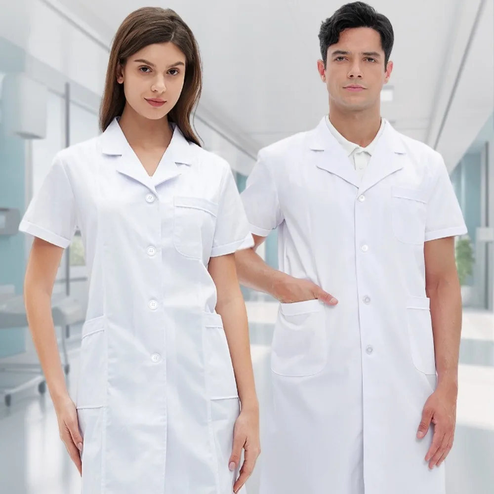

Медицинское лабораторное пальто с короткими рукавами — белое пальто доктора из чистого хлопка для стоматолога, клиники, унисекс, летняя униформа, больницы